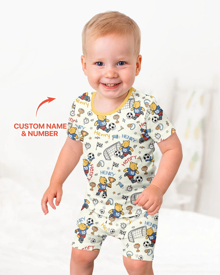 Personalized Classic Bear World Soccer Bamboo Two Piece Short Sleeve Shorts Pajama Set