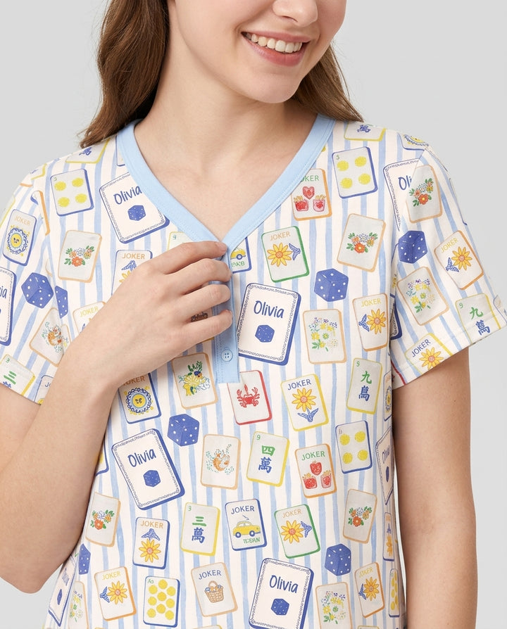 Coastal Mahjong Custom Name Mommy & Me Matching Bamboo Women Short Sleeve Short Pajama Set