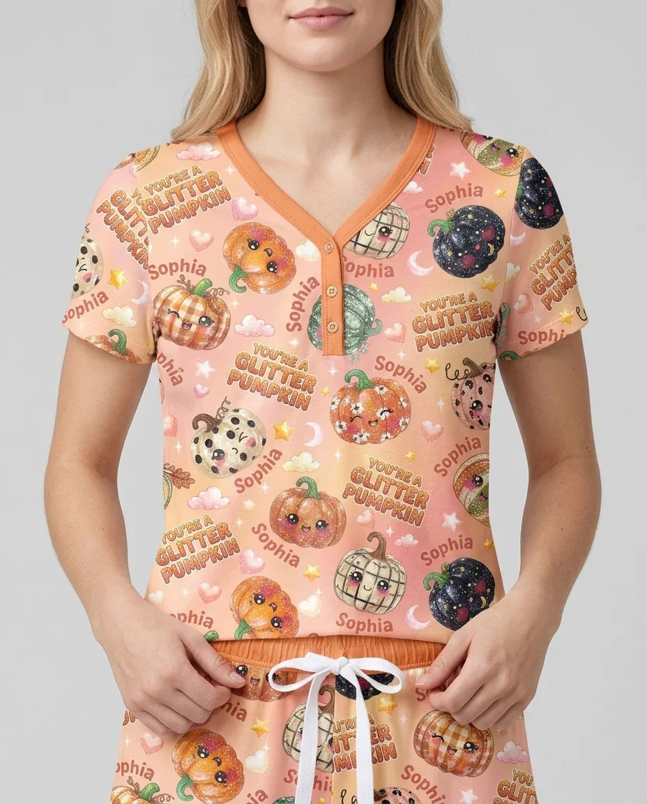 Custom Name You're A Glitter Pumpkin Bamboo Women Short Sleeve Short Pajama Set