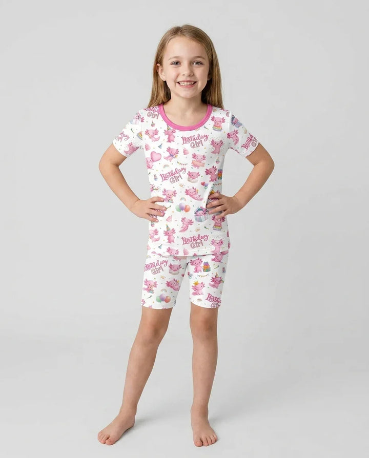 Cute Axolotl Birthday Girl Bamboo Two Piece Short Sleeve Shorts Pajama Set
