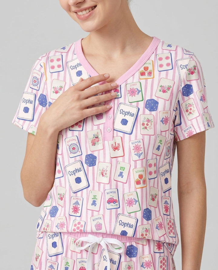 Coastal Mahjong Custom Name Mommy & Me Matching Bamboo Women Short Sleeve Short Pajama Set
