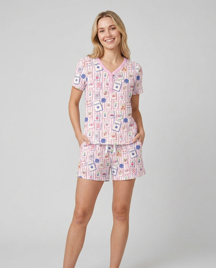 Coastal Mahjong Custom Name Mommy & Me Matching Bamboo Women Short Sleeve Short Pajama Set