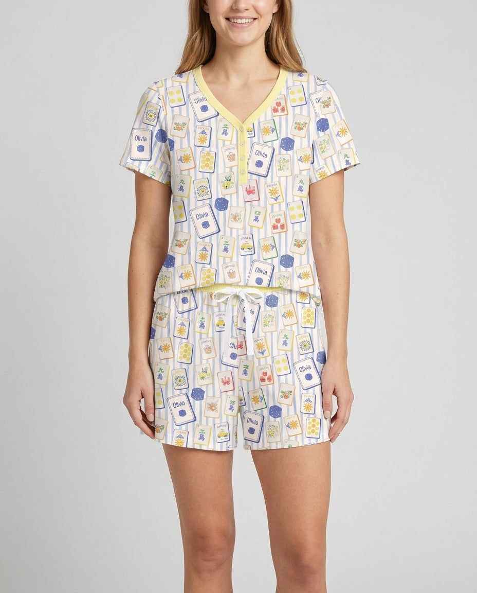 Coastal Mahjong Custom Name Mommy & Me Matching Bamboo Women Short Sleeve Short Pajama Set