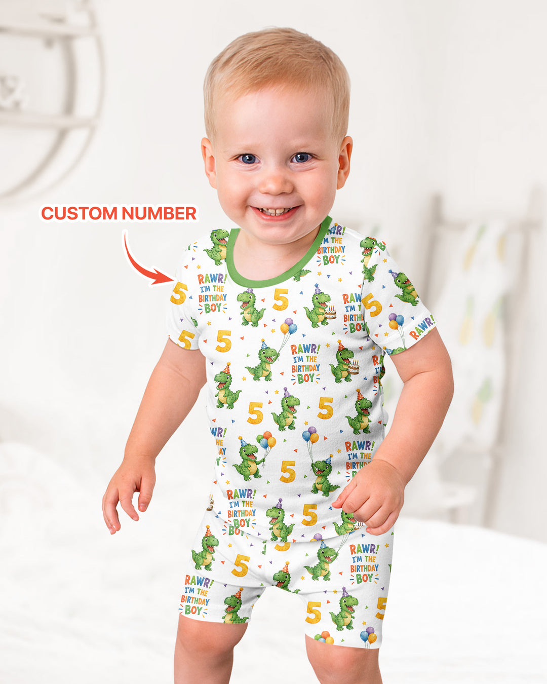 Personalized Dinosaur Birthday Boy Bamboo Two Piece Short Sleeve Shorts Pajama Set
