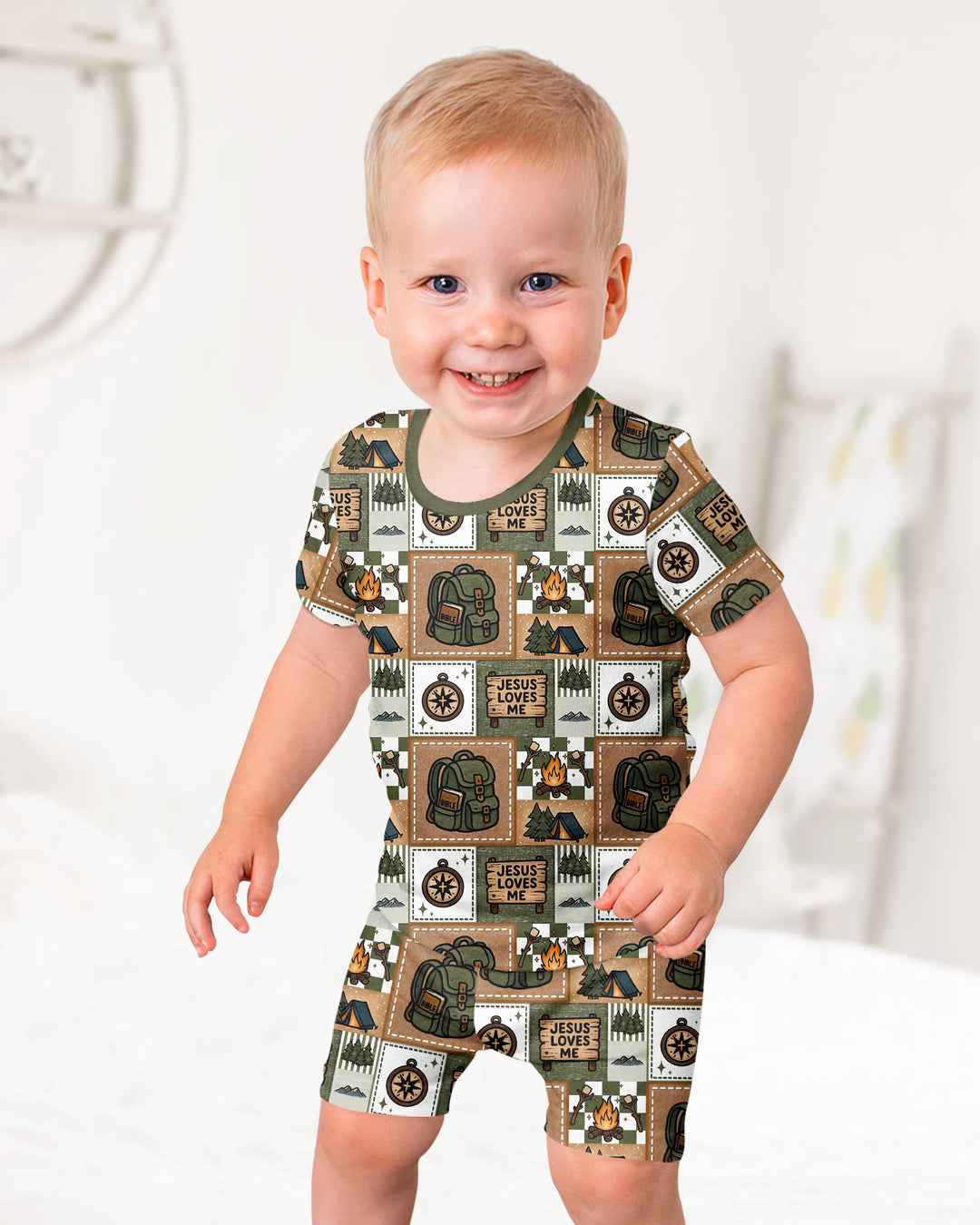 Camping Jesus Loves Me Bamboo Two Piece Short Sleeve Shorts Pajama Set