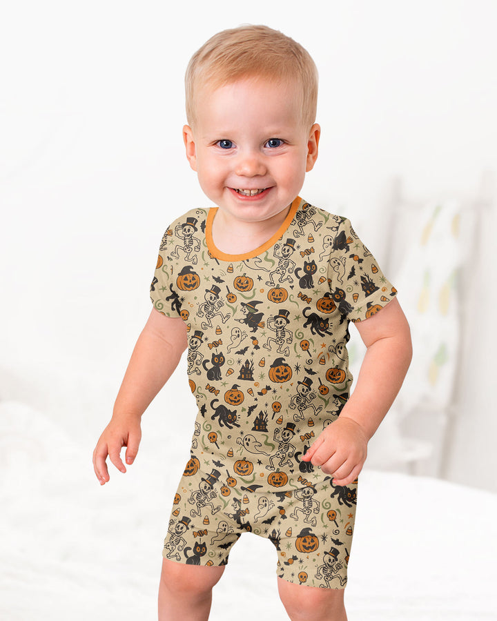 Vintage Skeleton Pumpkin Halloween Bamboo Two Piece Short Sleeve Shorts Pajama Set