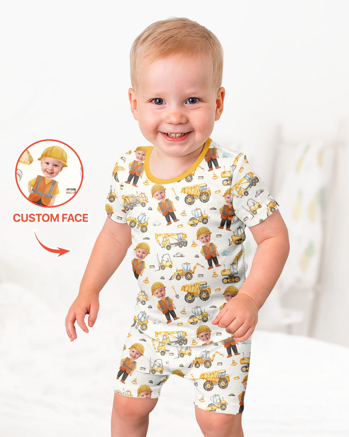 Custom Photo Little Builder Bamboo Two Piece Short Sleeve Shorts Pajama Set