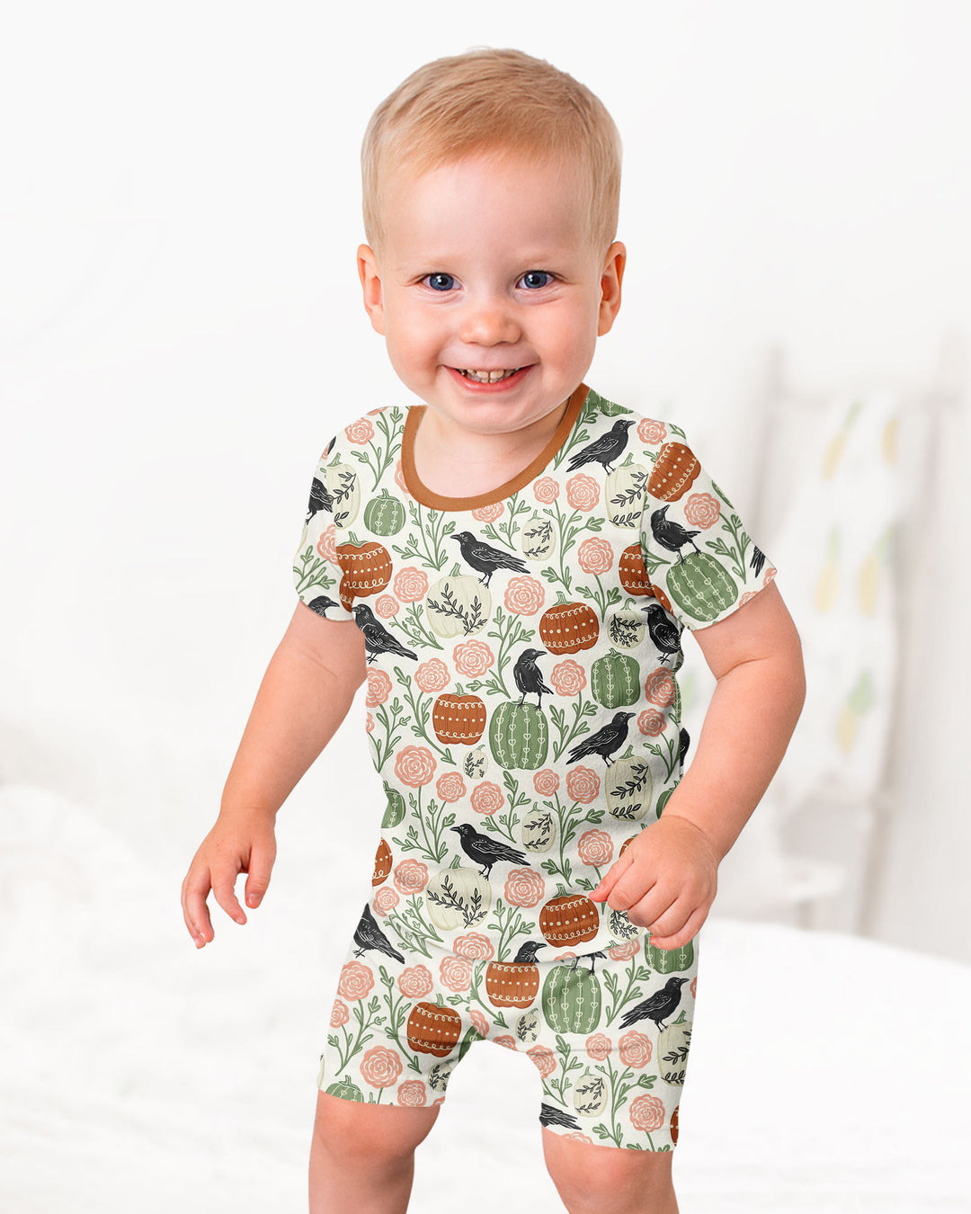 Country Crows with Mums and Pumpkins Bamboo Two Piece Short Sleeve Shorts Pajama Set
