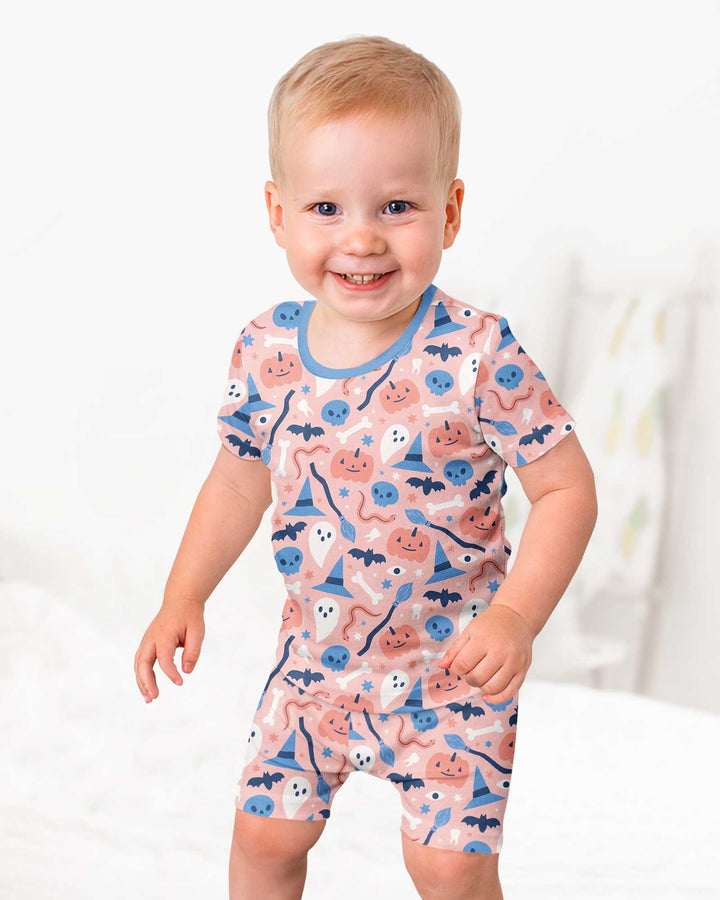 Pastel Pumpkins Skulls And Witch Craft Bamboo Two Piece Short Sleeve Shorts Pajama Set