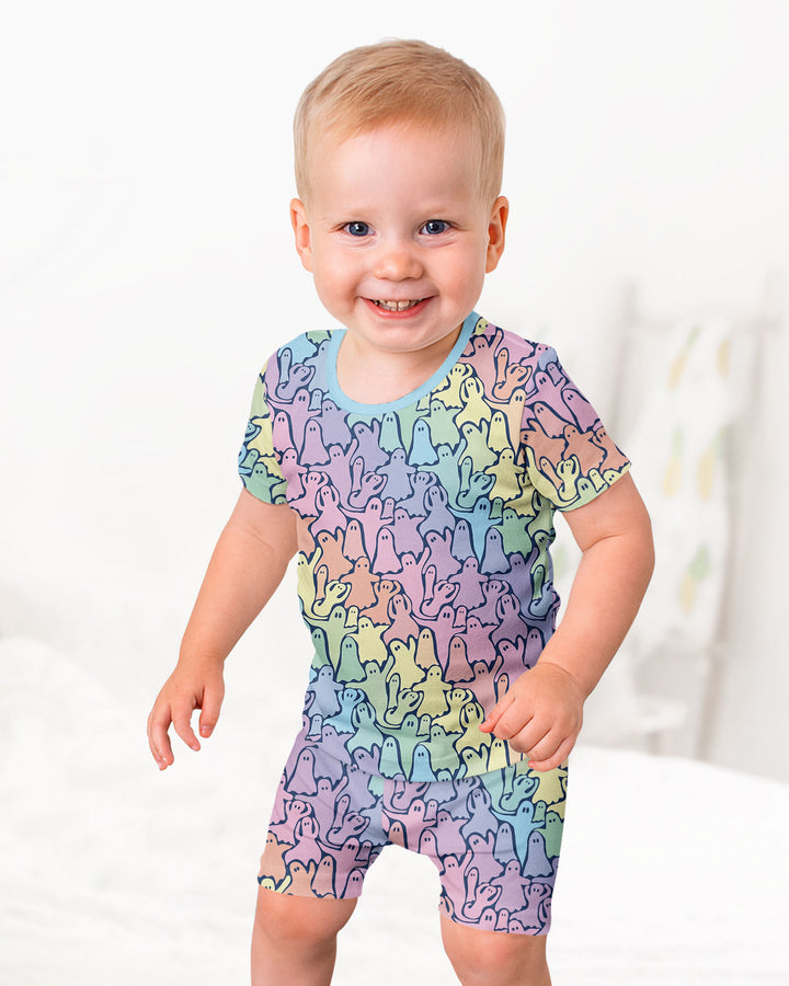 Pastel Rainbow Ghost Halloween Bamboo Two Piece Short Sleeve Shorts Pajama Set