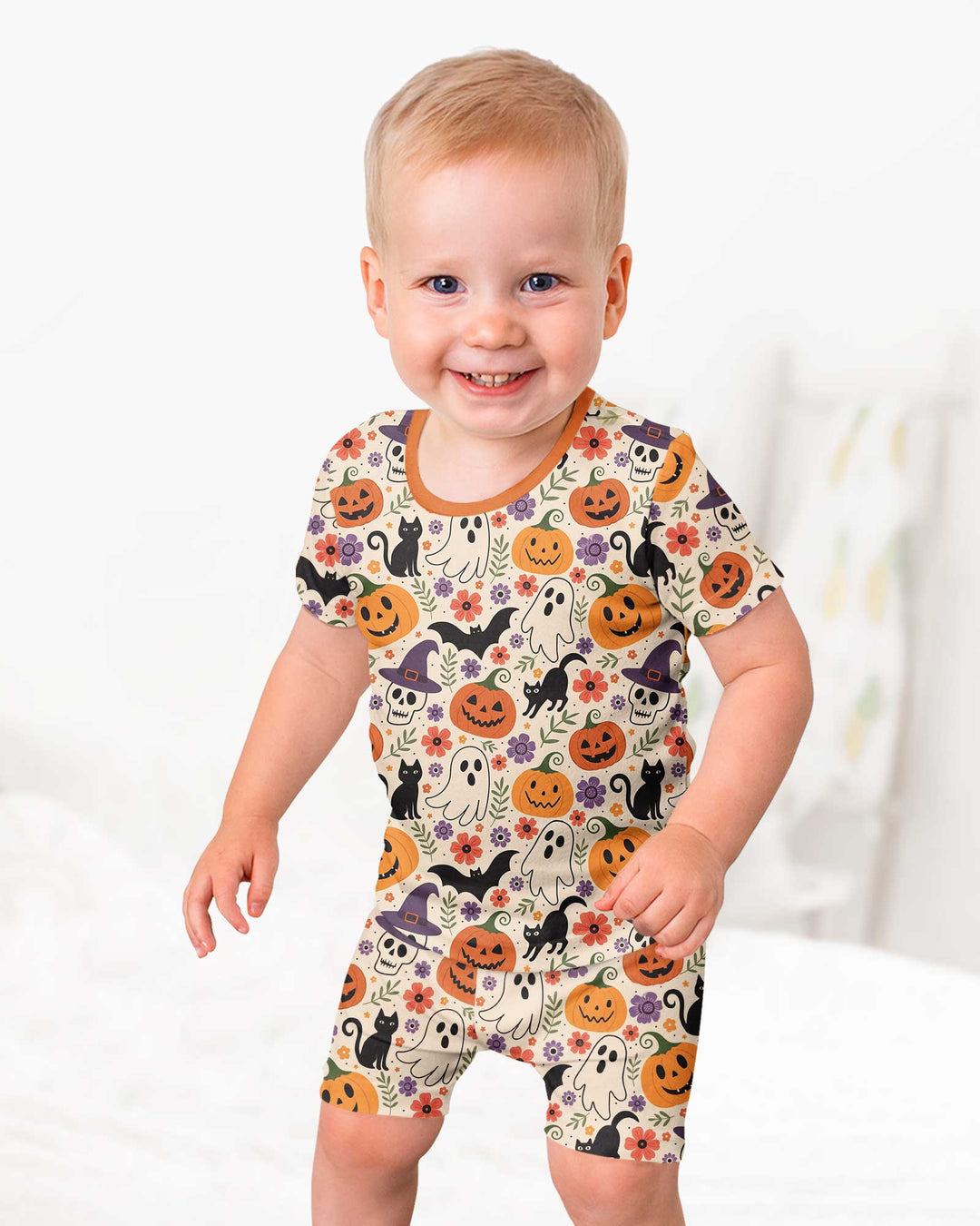 Spooky Halloween Floral Delight Bamboo Two Piece Short Sleeve Shorts Pajama Set