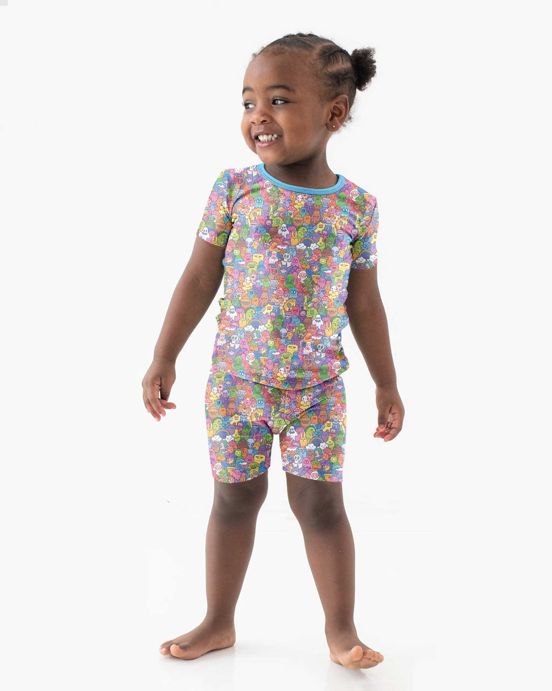 Doodle Characters Pastel Bamboo Two Piece Short Sleeve Shorts Pajama Set