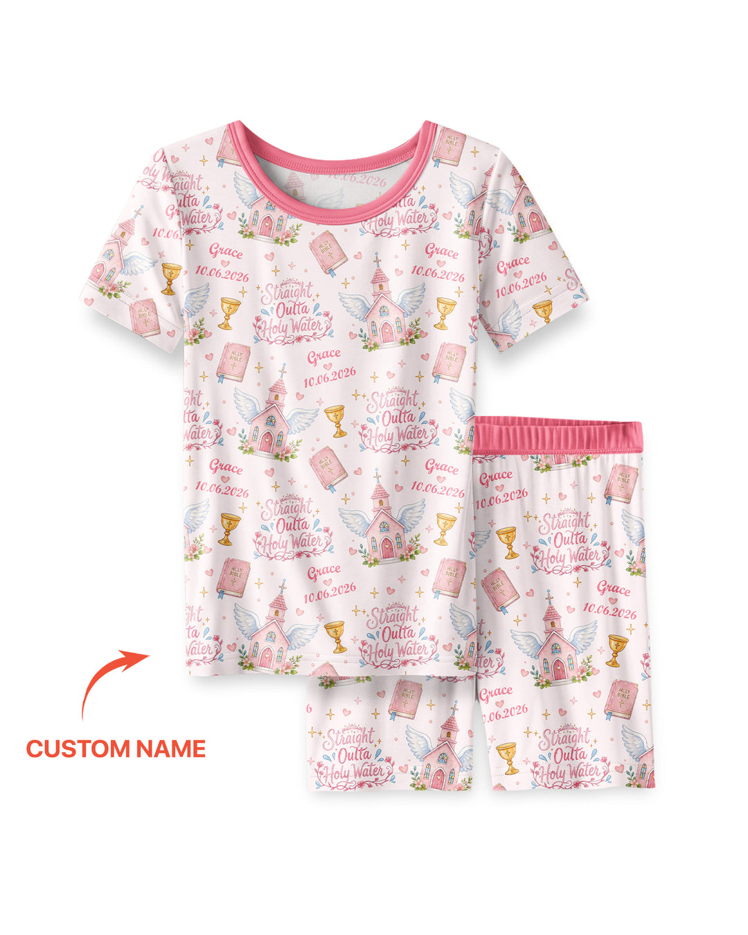 Custom Name Baptism Christening Straight Outta Holy Water Bamboo Two Piece Short Sleeve Shorts Pajama Set