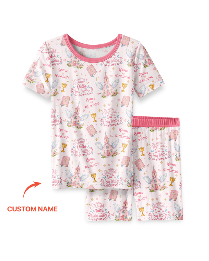 Custom Name Baptism Christening Straight Outta Holy Water Bamboo Two Piece Short Sleeve Shorts Pajama Set