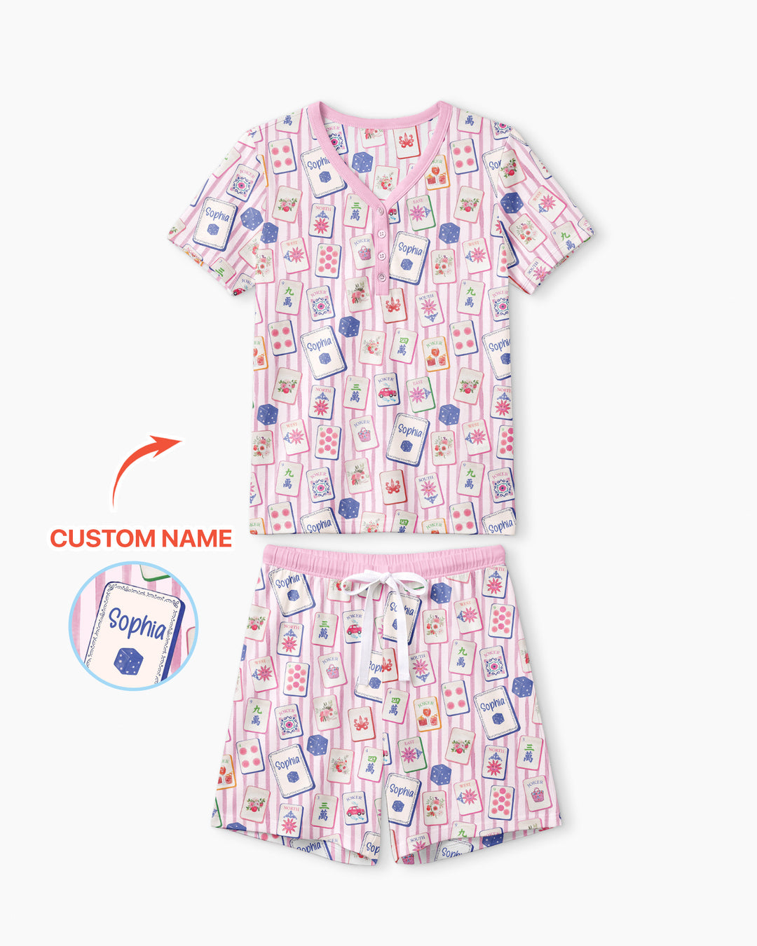 Coastal Mahjong Custom Name Mommy & Me Matching Bamboo Women Short Sleeve Short Pajama Set