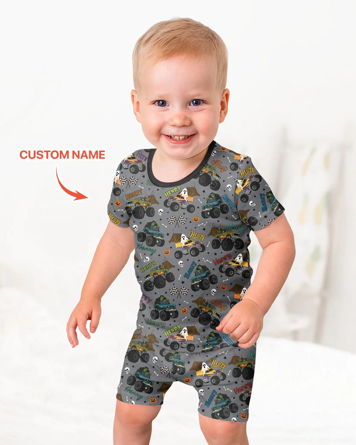 Custom Name Halloween Creepy Crusher Family Matching Bamboo Two Piece Short Sleeve Shorts Pajama Set