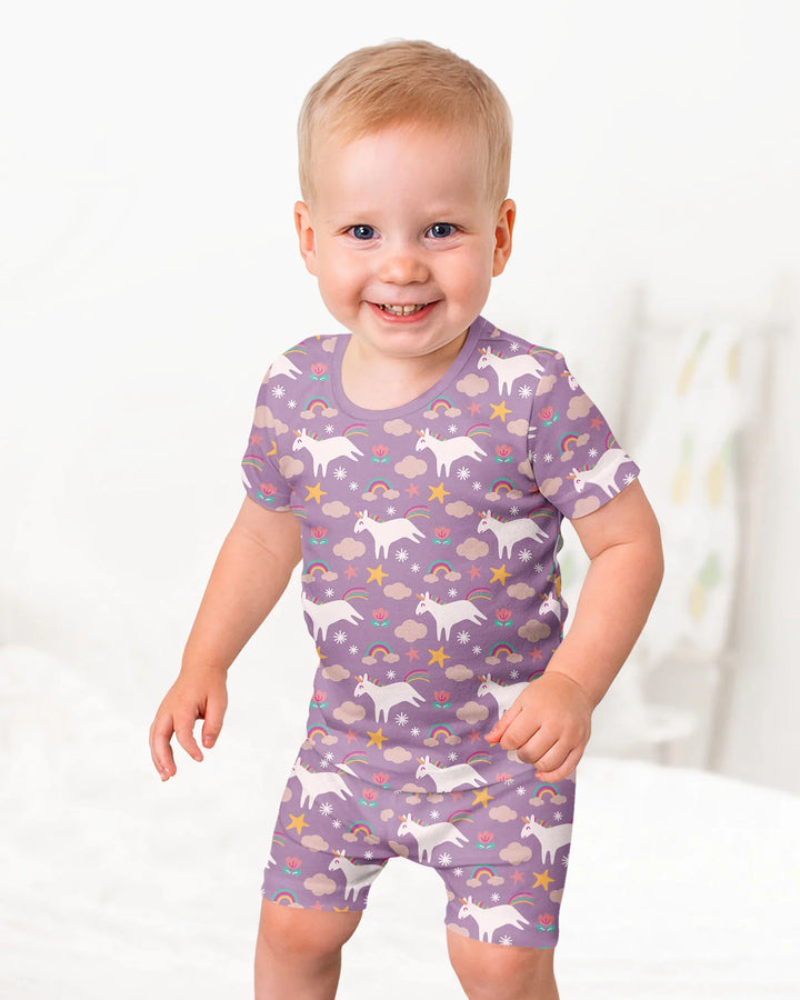 Lila Einhörner Bambus Zweiteiler Kurzarm Shorts Pyjama Set