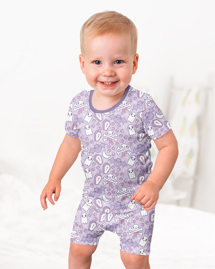 Cute Ghost Halloween Pastel Purple Spooky Bamboo Two Piece Short Sleeve Shorts Pajama Set