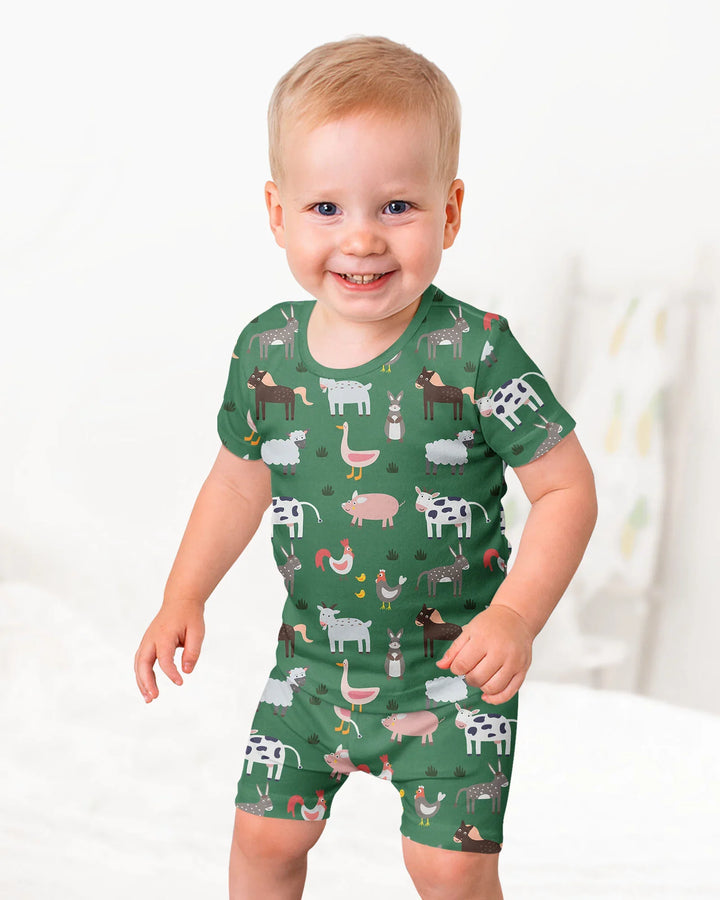 Green Farm Animals Bamboo Two Piece Short Sleeve Shorts Pajama Set