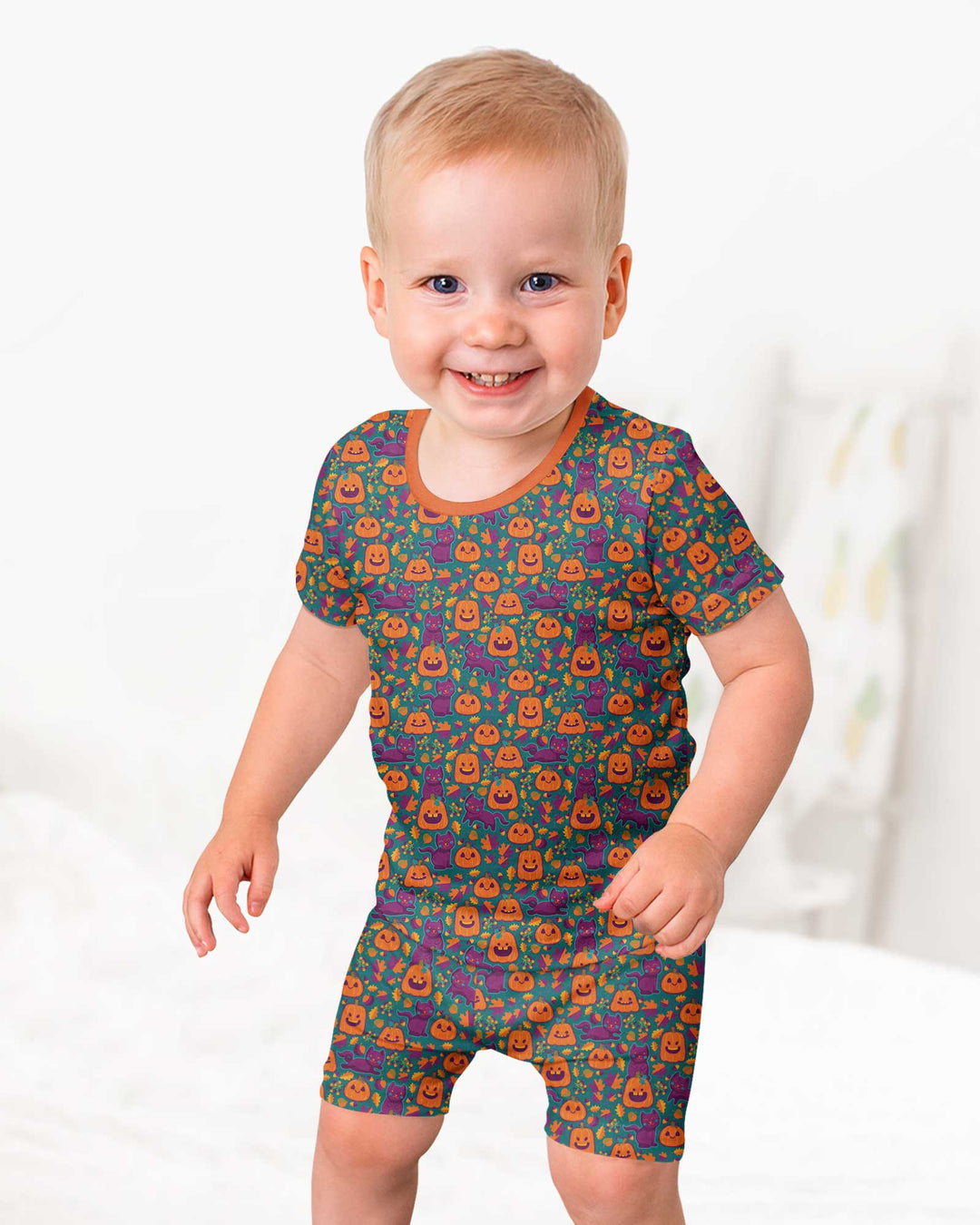 Cats and Pumpkins Bamboo Two Piece Short Sleeve Shorts Pajama Set