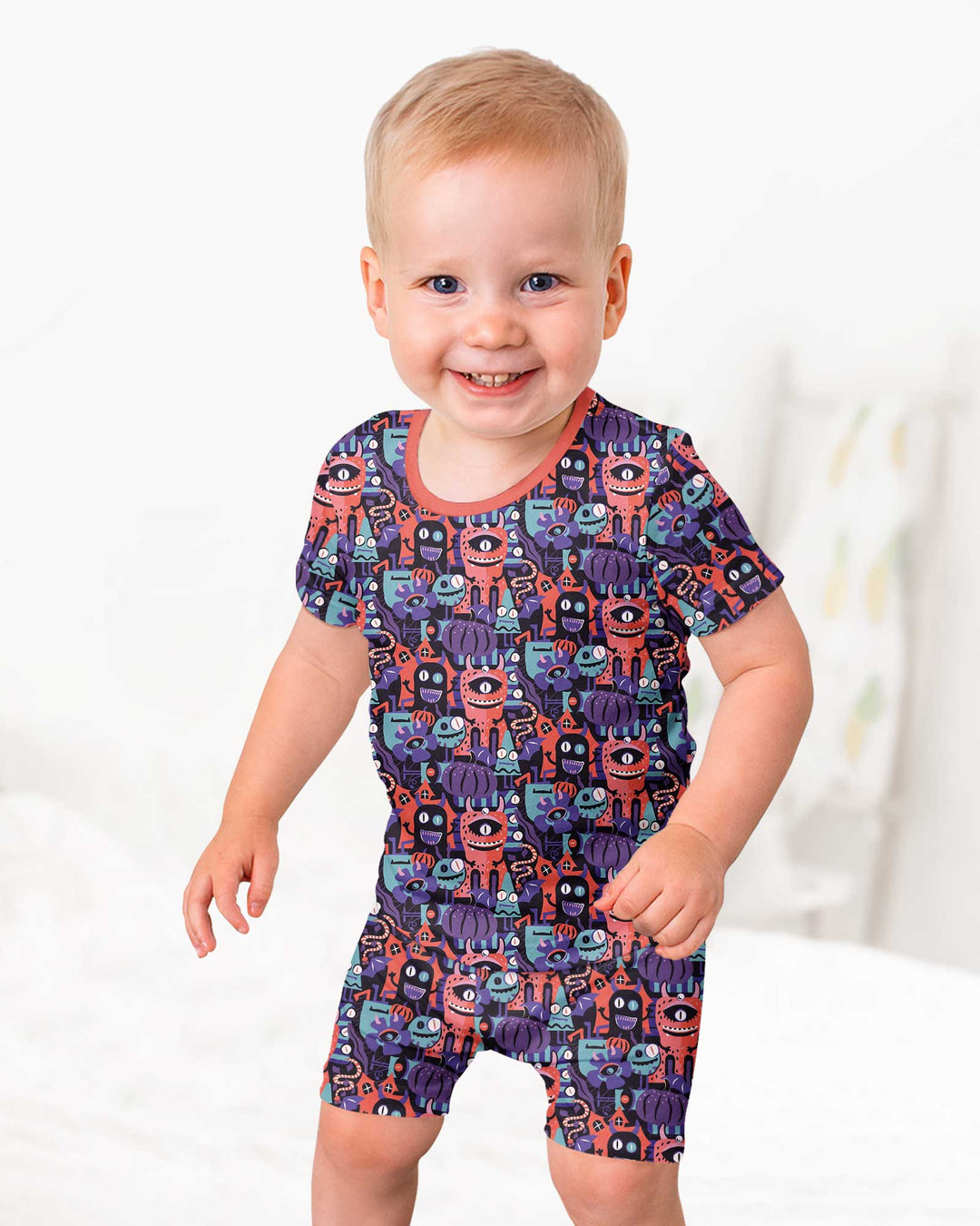 Halloween Multi Eyed Monsters Bamboo Two Piece Short Sleeve Shorts Pajama Set