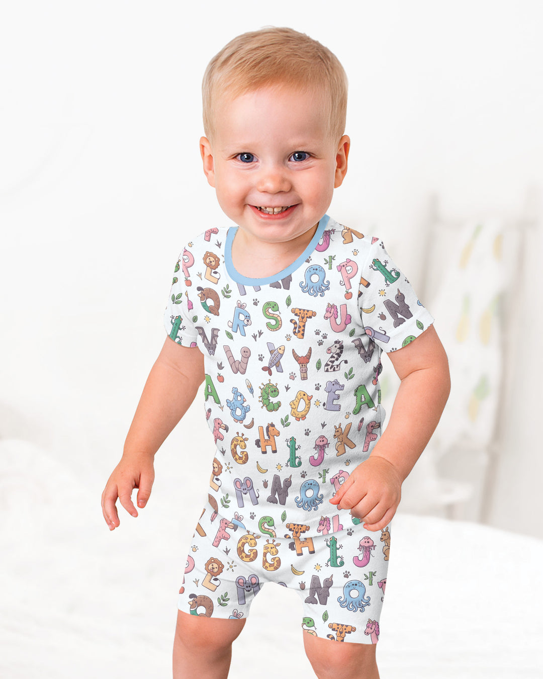 Animals Alphabet Bamboo Two Piece Short Sleeve Shorts Pajama Set
