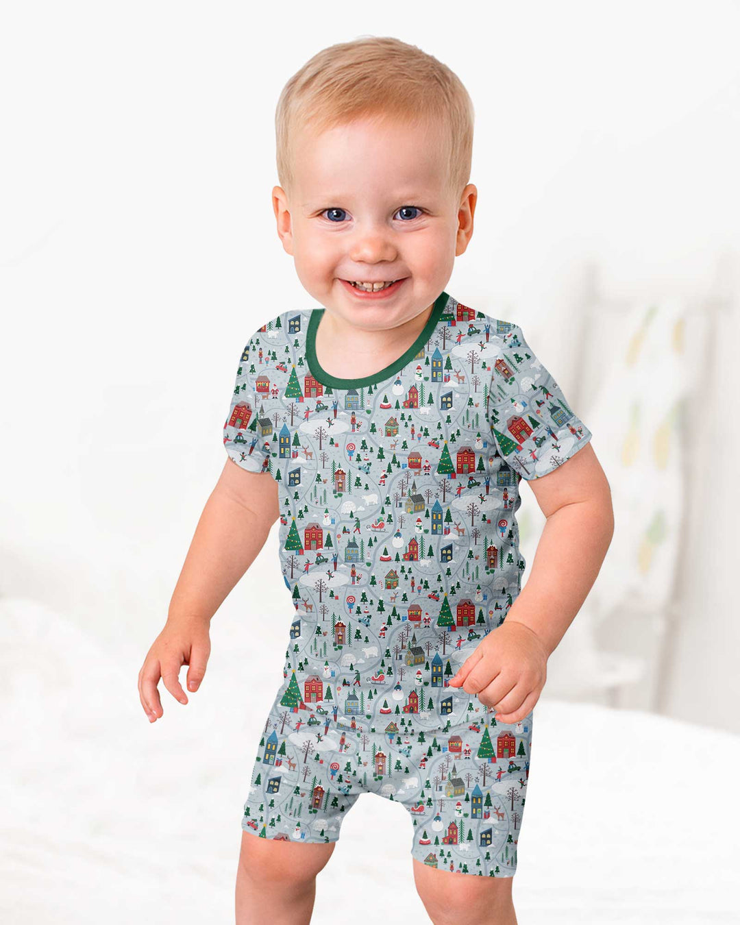 Snowy Christmas Village Map Bamboo Two Piece Short Sleeve Shorts Pajama Set