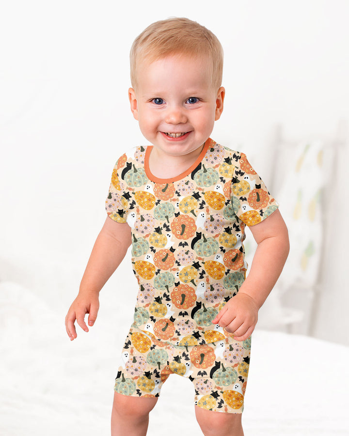Floral Pumpkin Ghost Halloween Bamboo Two Piece Short Sleeve Shorts Pajama Set