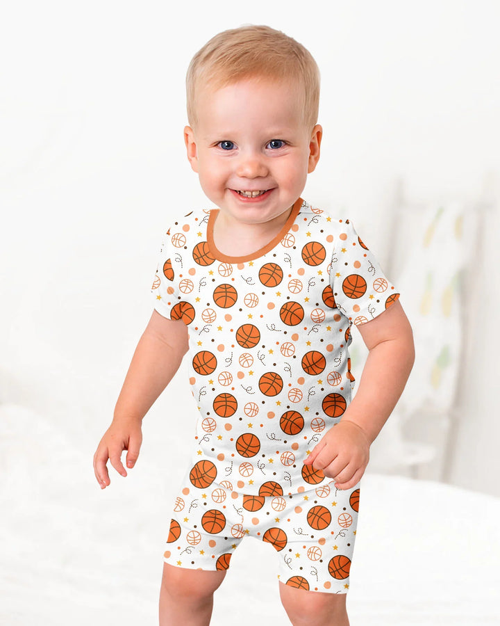 Orangefarbener Basketball-Bambus-Zweiteiler, Kurzarm-Shorts-Pyjama-Set