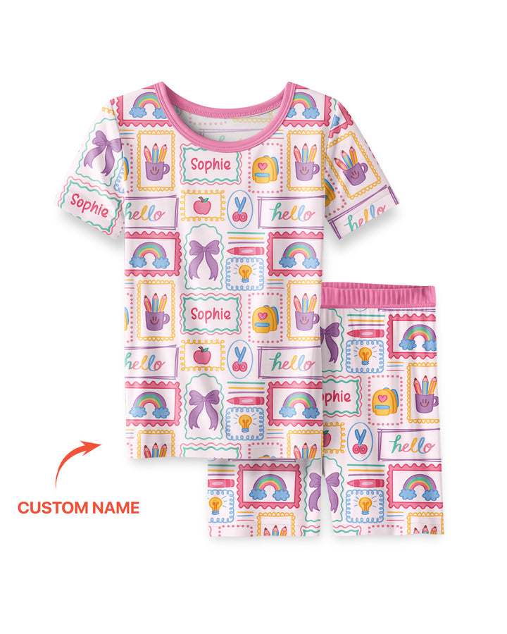 Custom Name Hello School Bamboo Two Piece Short Sleeve Shorts Pajama Set