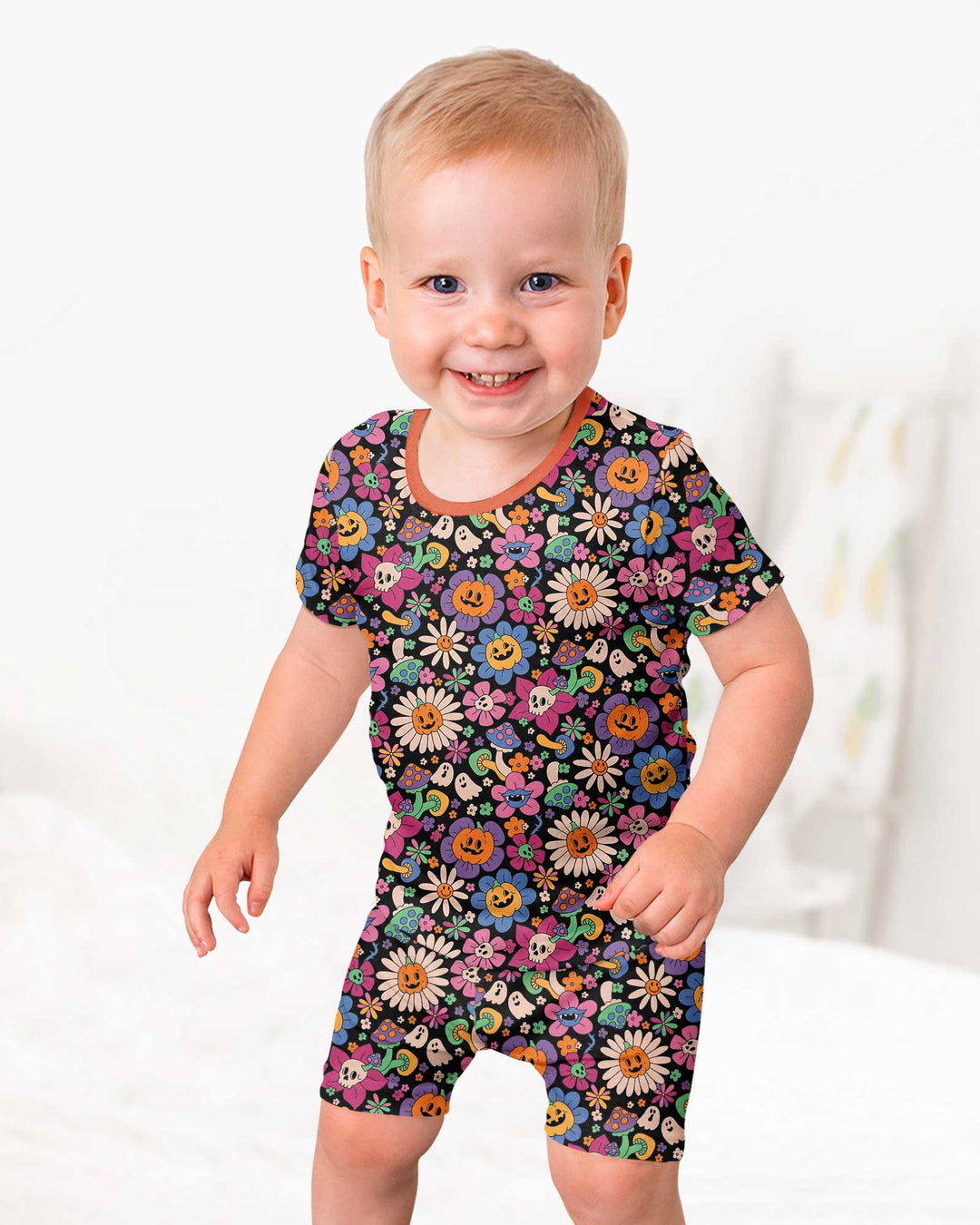 Halloween Flowers Bamboo Two Piece Short Sleeve Shorts Pajama Set