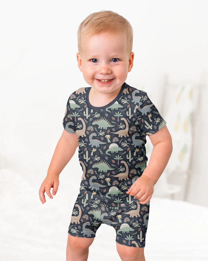Navy Jurassic Jungle Bamboo Two Piece Short Sleeve Shorts Pajama Set