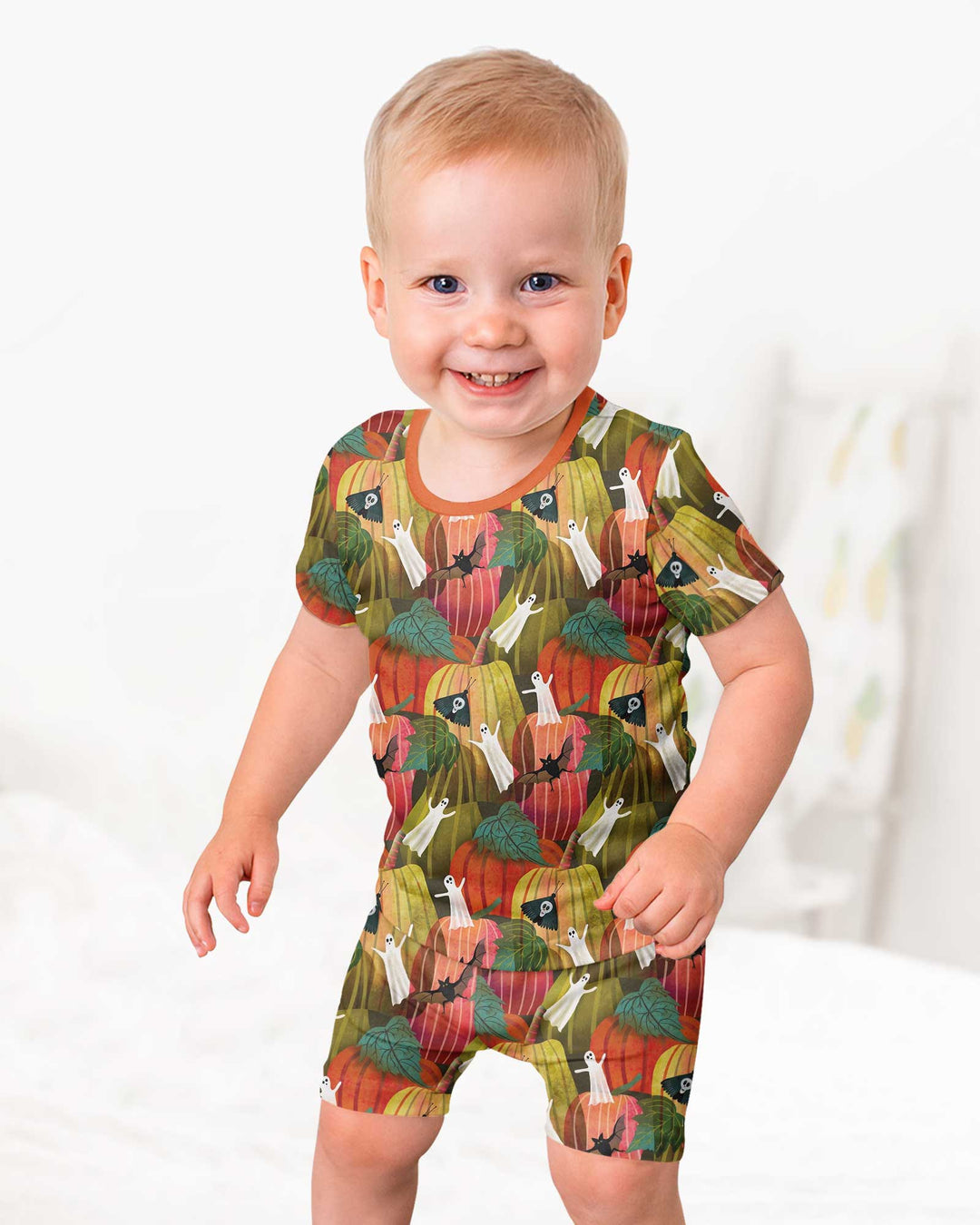 Big Pumpkin Field With Ghosts Bamboo Two Piece Short Sleeve Shorts Pajama Set