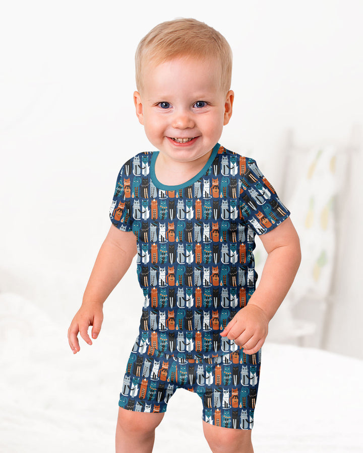 Retro Halloween Cat Bamboo Two Piece Short Sleeve Shorts Pajama Set