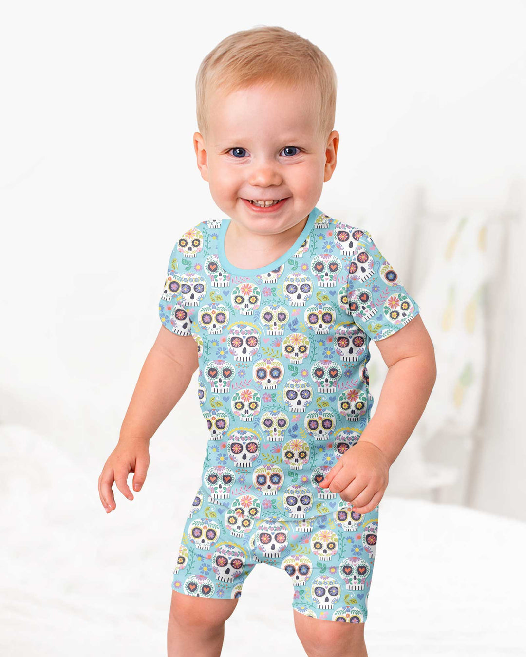 Floral Skull Bamboo Two Piece Short Sleeve Shorts Pajama Set