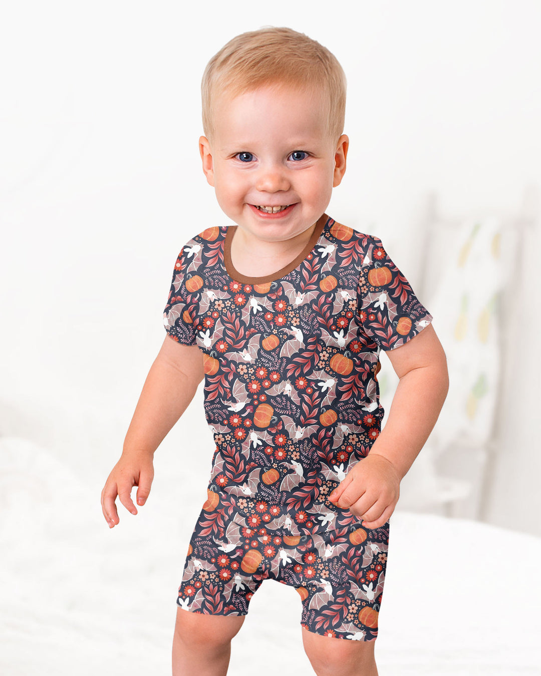 Bat Pumpkin Floral Halloween Bamboo Two Piece Short Sleeve Shorts Pajama Set