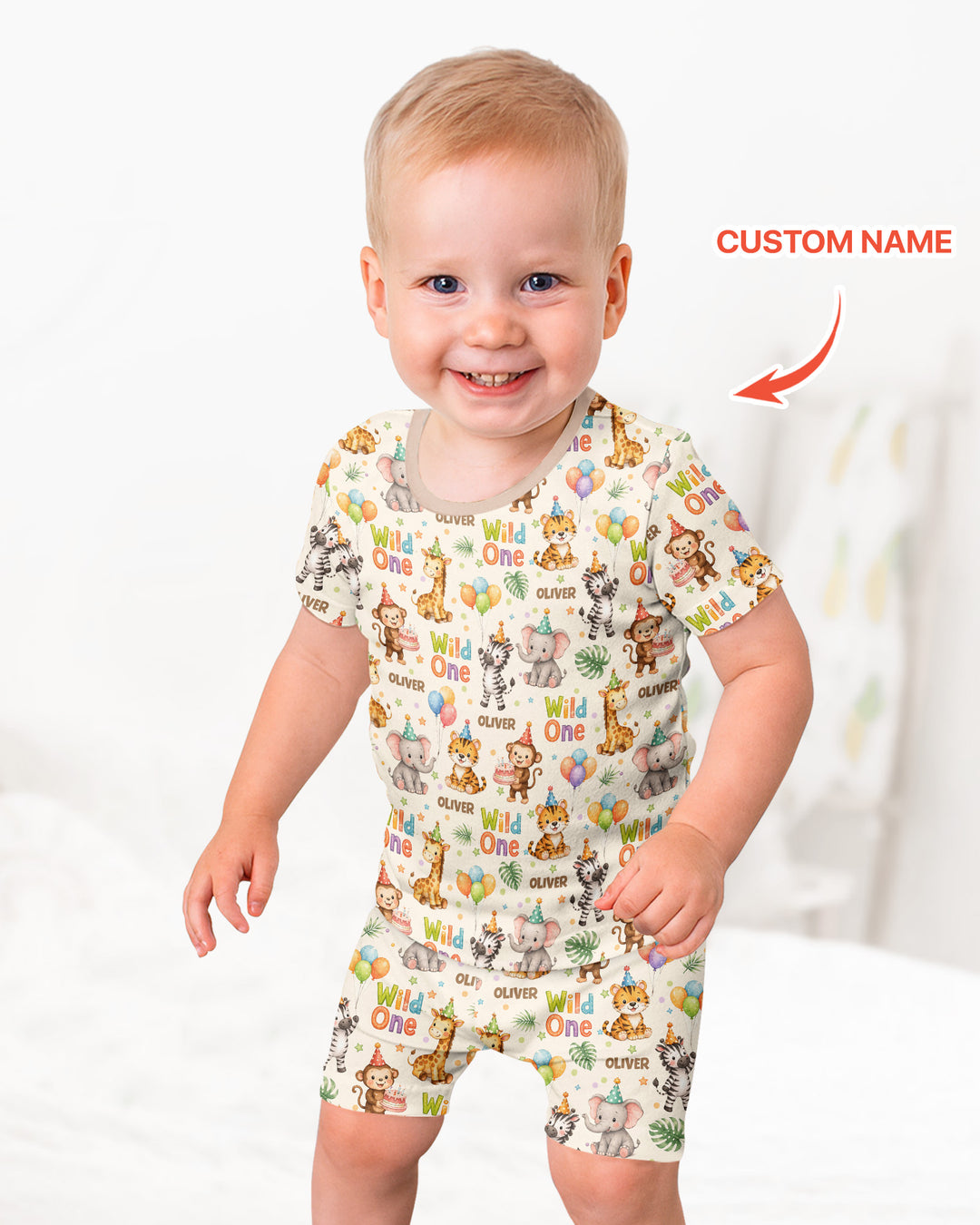 Custom Name 1st Birthday Wild One Bamboo Two Piece Short Sleeve Shorts Pajama Set