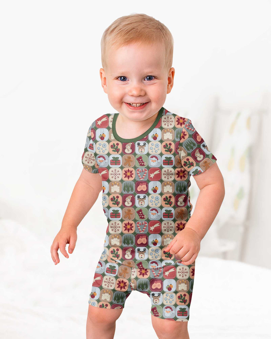 Christmas Felt Patchwork Bamboo Two Piece Short Sleeve Shorts Pajama Set