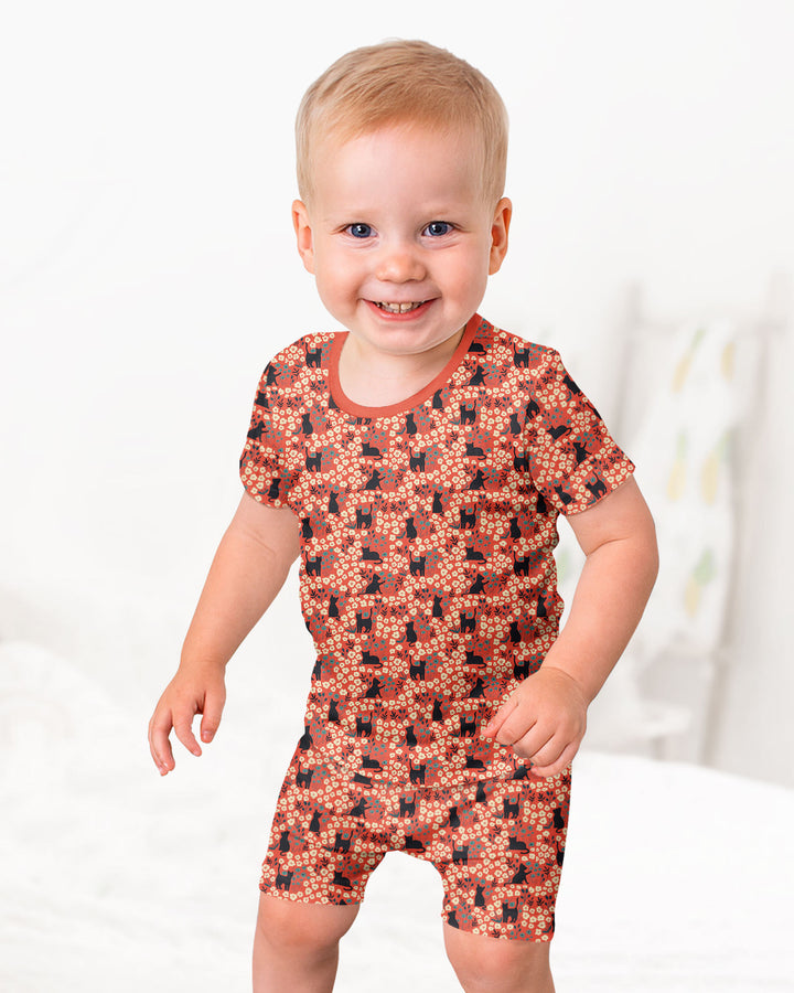 Black Cat Ditsy Bamboo Two Piece Short Sleeve Shorts Pajama Set