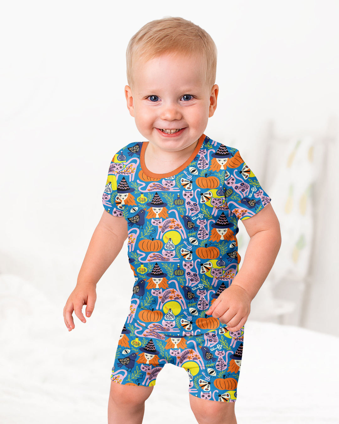Whimsical Witch Cats Bamboo Two Piece Short Sleeve Shorts Pajama Set