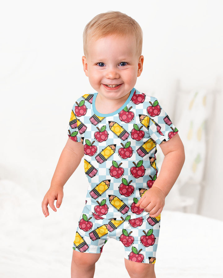 Checkered Apple Scribbles Bamboo Two Piece Short Sleeve Shorts Pajama Set