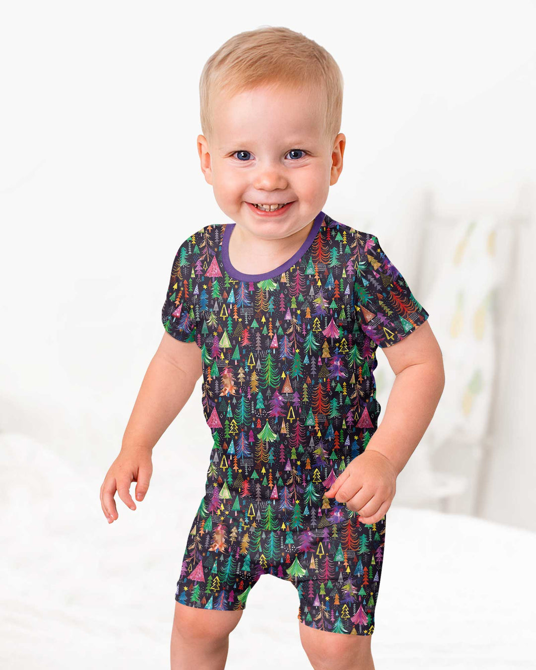 Christmas Holiday Colorful Trees Bamboo Two Piece Short Sleeve Shorts Pajama Set