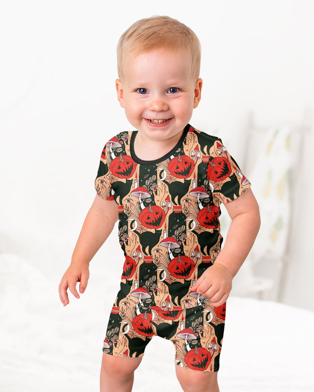 Black Cat And Pumpkin Halloween Bamboo Two Piece Short Sleeve Shorts Pajama Set