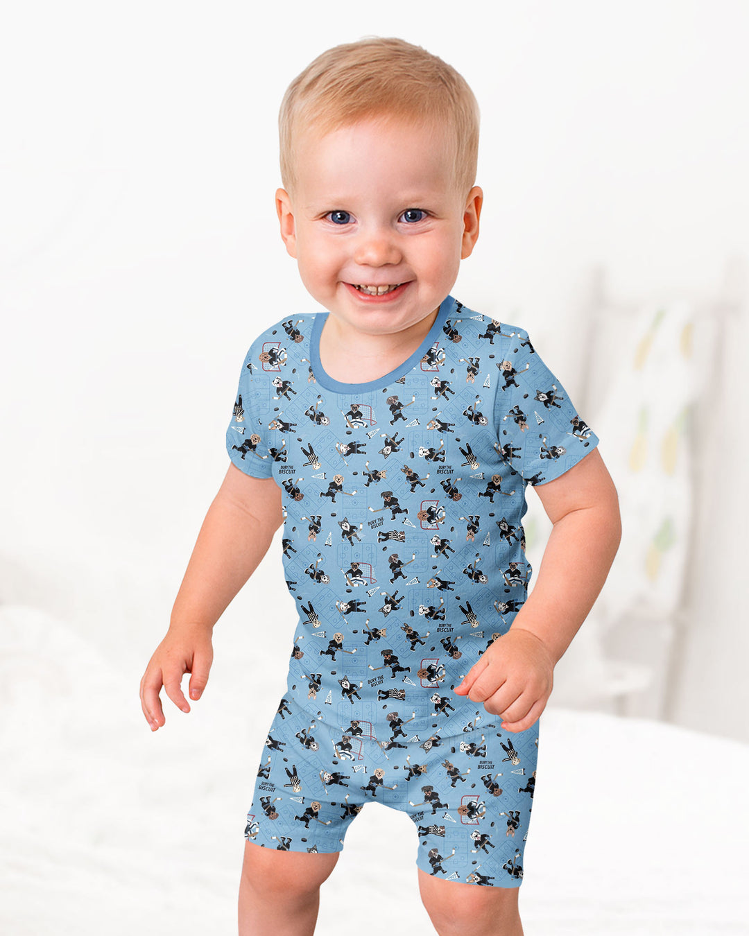 Hockey Dogs - Blue and Black Bamboo Two Piece Short Sleeve Shorts Pajama Set