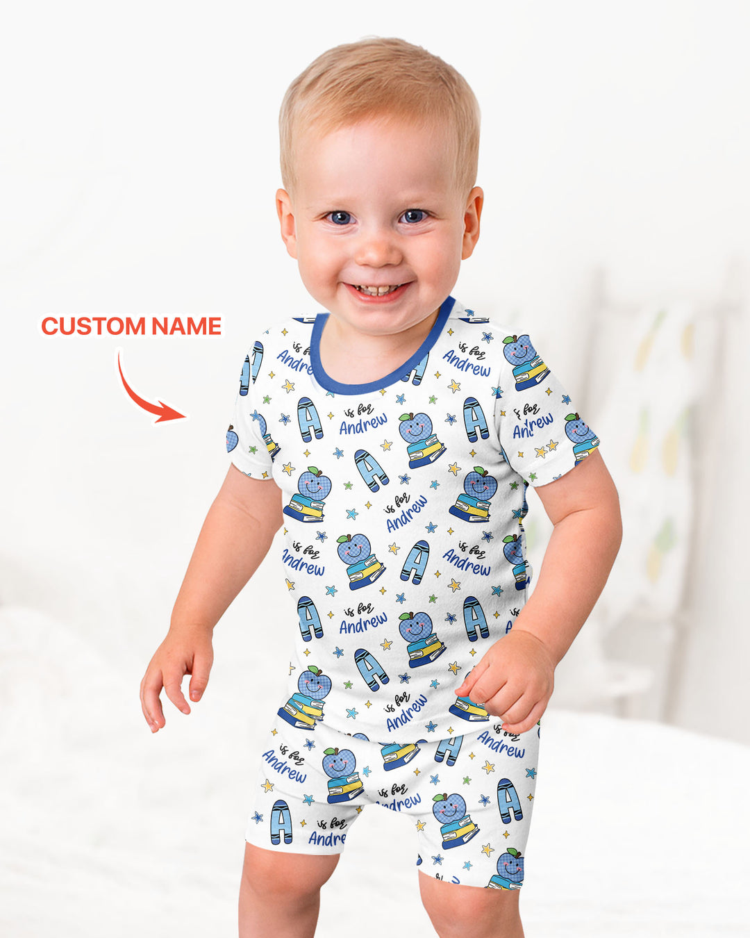 Custom Name Crayon Alphabet Bamboo Two Piece Short Sleeve Shorts Pajama Set