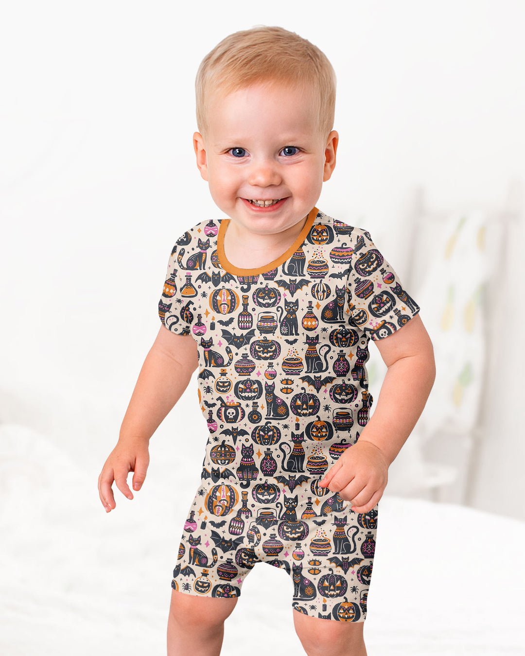 Whimsical Tribal Retro Halloween Black Cats Pumpkins Bamboo Two Piece Short Sleeve Shorts Pajama Set