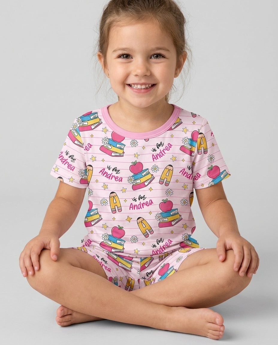 First Day of School Bamboo Two Piece Short Sleeve Shorts Pajama Set