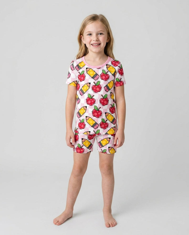Checkered Apple Scribbles Bamboo Two Piece Short Sleeve Shorts Pajama Set