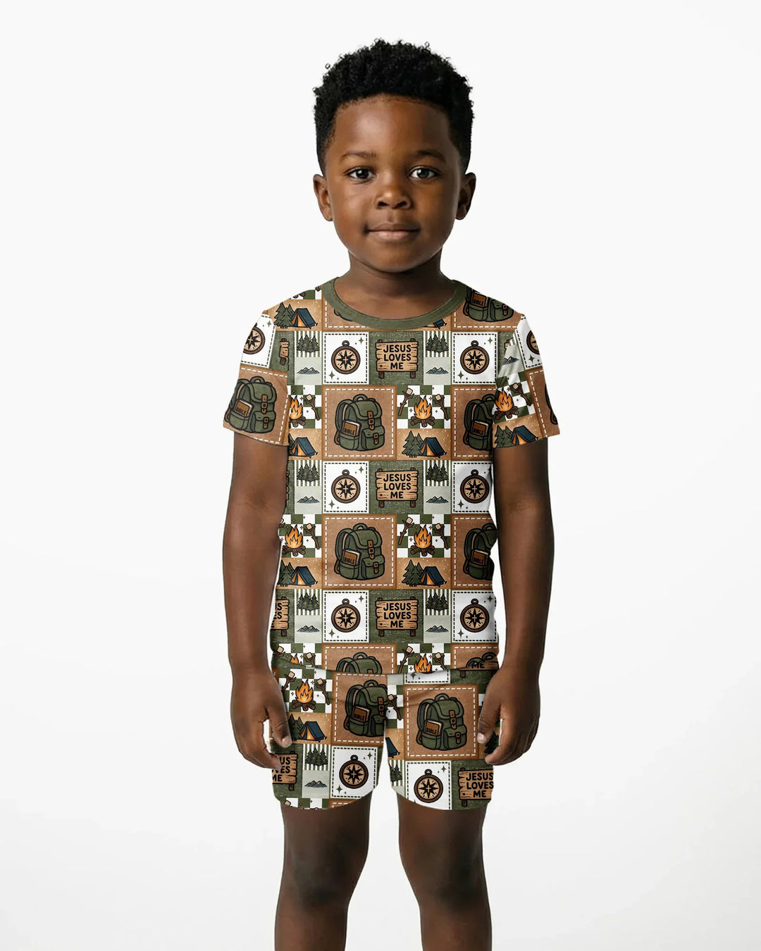 Camping Jesus Loves Me Bamboo Two Piece Short Sleeve Shorts Pajama Set