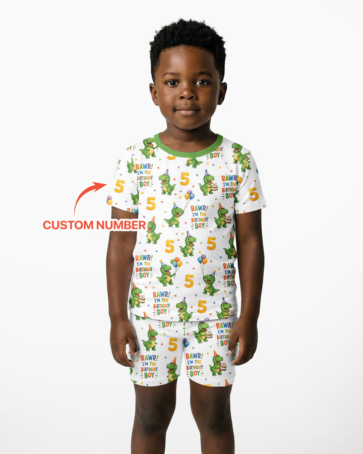 Personalized Dinosaur Birthday Boy Bamboo Two Piece Short Sleeve Shorts Pajama Set
